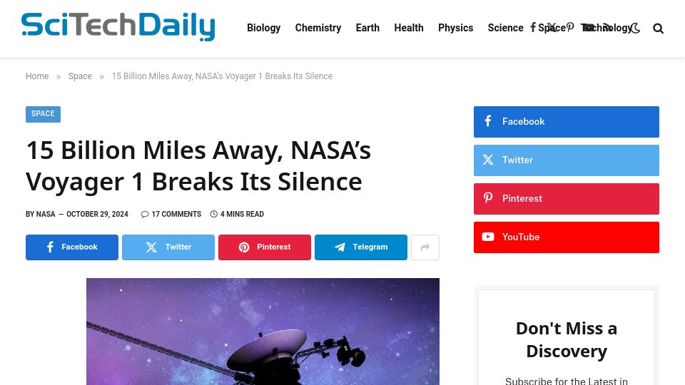 Screenshot of scitechdaily.com: NASA reconnected with Voyager 1 after a brief pause