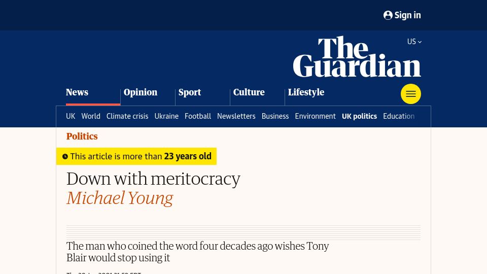 Screenshot of theguardian.com: Down with Meritocracy (2001)