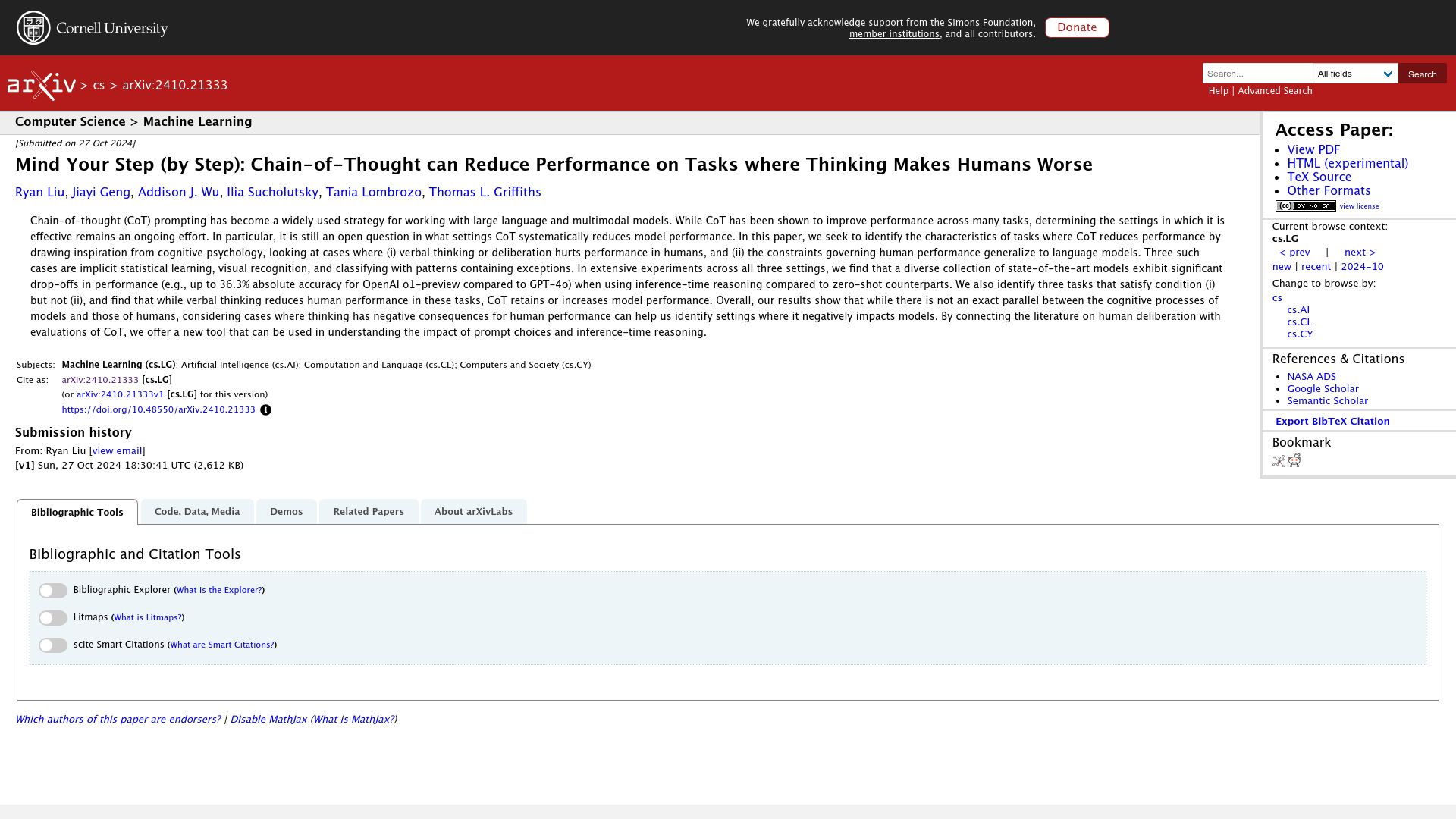 Screenshot of arxiv.org: Chain-of-thought can hurt performance on tasks where thinking makes humans worse