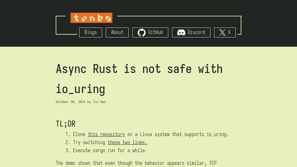 Screenshot of tonbo.io: Async Rust is not safe with io_uring