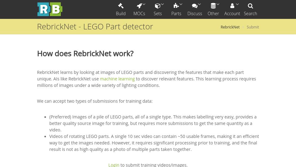 Screenshot of rebrickable.com: RebrickNet – Lego Part Detector