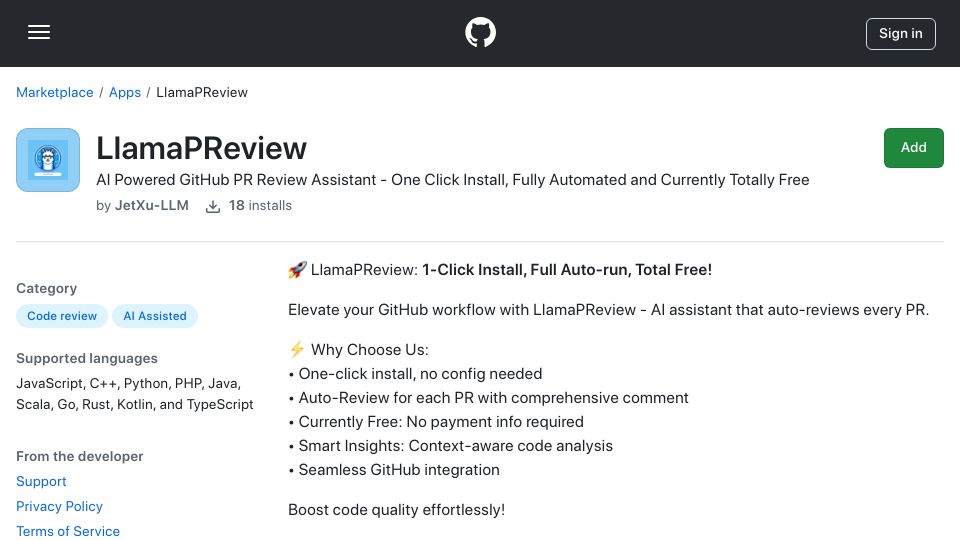 Screenshot of github.com: Show HN: LlamaPReview – AI GitHub PR reviewer that learns your codebase