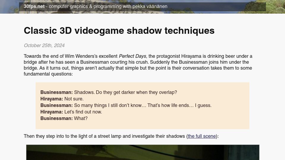 Screenshot of 30fps.net: Classic 3D videogame shadow techniques