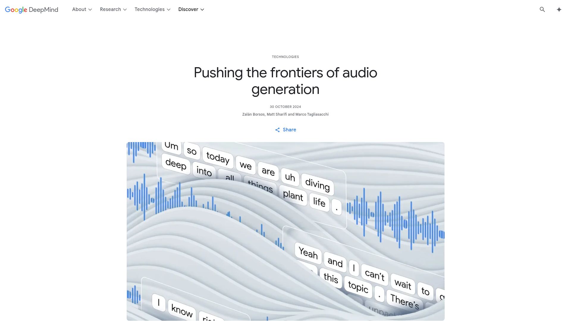 Screenshot of deepmind.google: Pushing the frontiers of audio generation