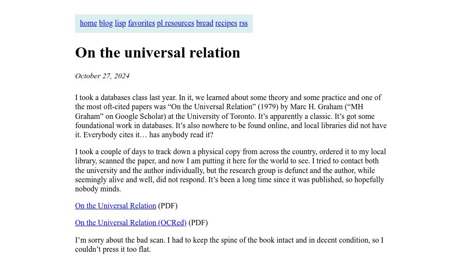 Screenshot of bernsteinbear.com: The Universal Relation