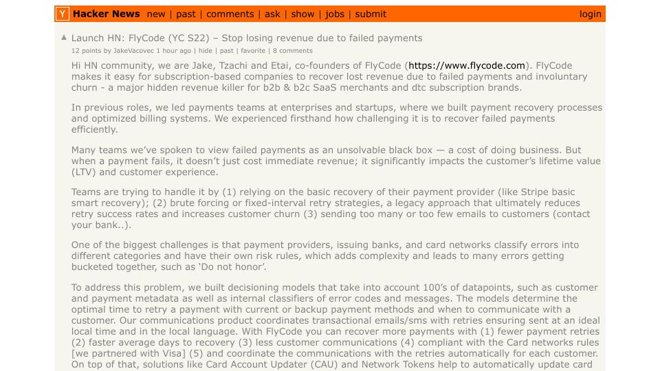 Screenshot of Hacker News post: Launch HN: FlyCode (YC S22) – Stop losing revenue due to failed payments