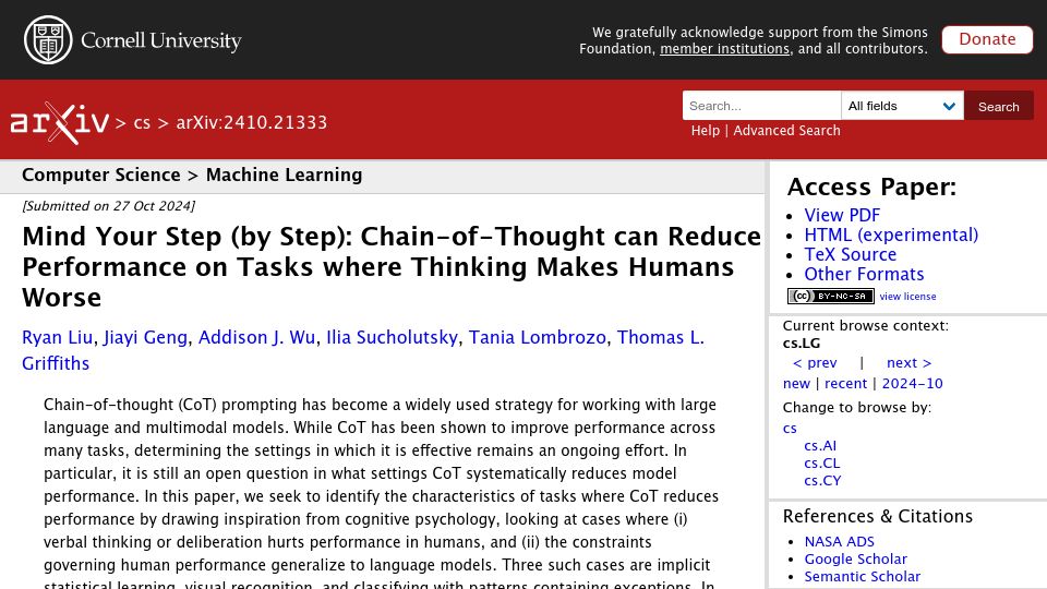 Screenshot of arxiv.org: Chain-of-thought can hurt performance on tasks where thinking makes humans worse