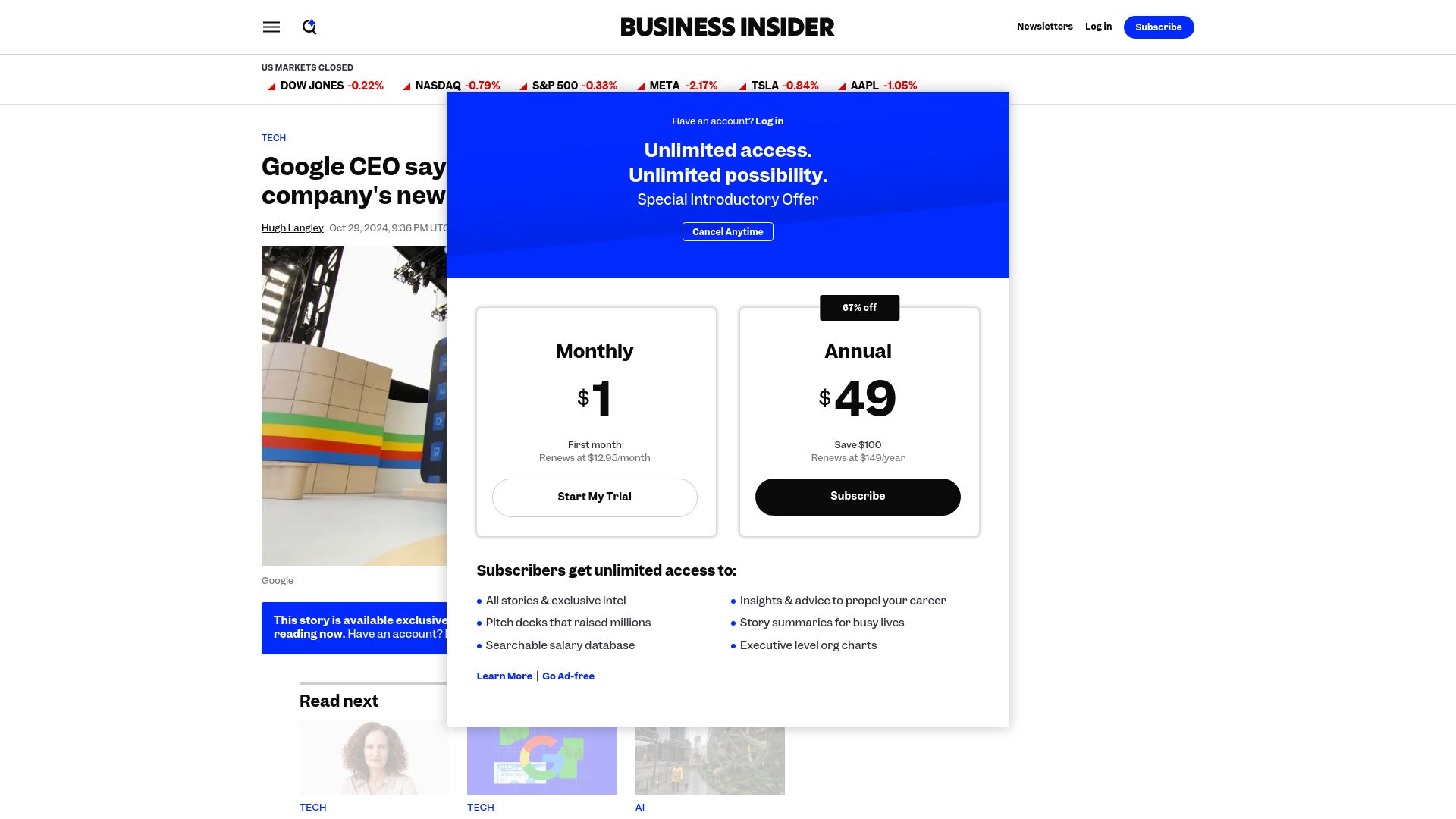 Screenshot of businessinsider.com: Google CEO says more than a quarter of the company's new code is created by AI