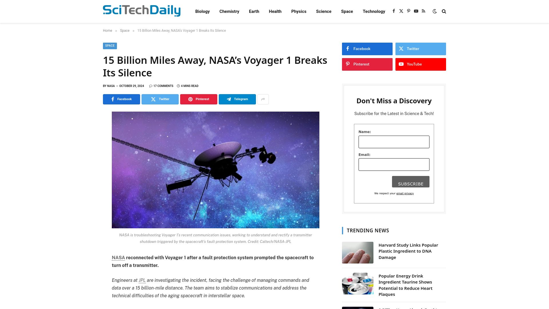 Screenshot of scitechdaily.com: NASA reconnected with Voyager 1 after a brief pause