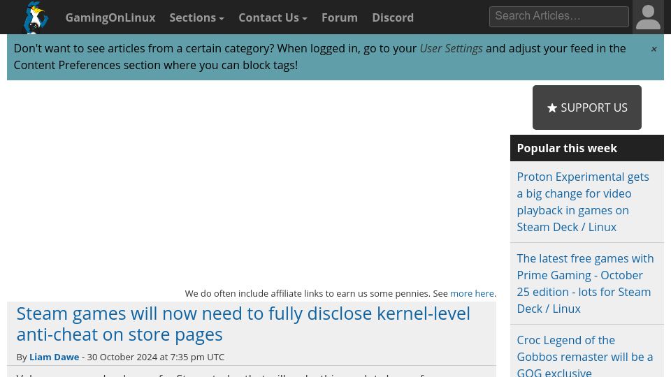 Screenshot of gamingonlinux.com: Steam games will need to disclose kernel-level anti-cheat on store pages