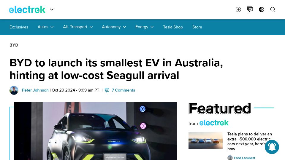 Screenshot of electrek.co: BYD to launch its smallest EV in Australia, hinting at low-cost Seagull arrival