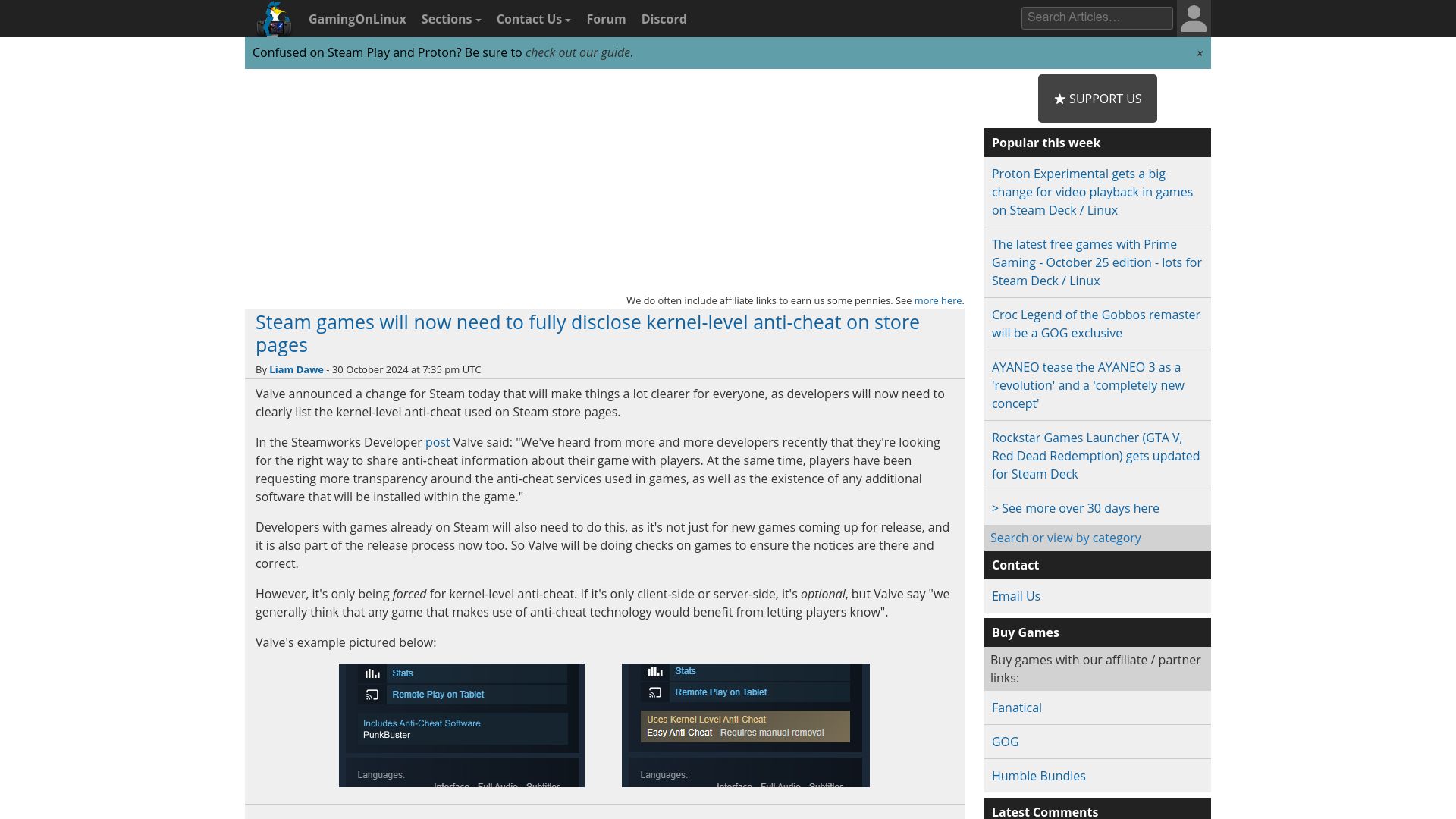 Screenshot of gamingonlinux.com: Steam games will need to disclose kernel-level anti-cheat on store pages
