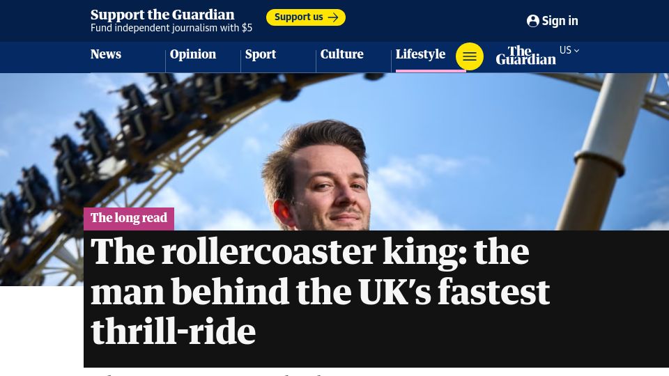 Screenshot of theguardian.com: The rollercoaster king: the man behind the UK's fastest thrill-ride