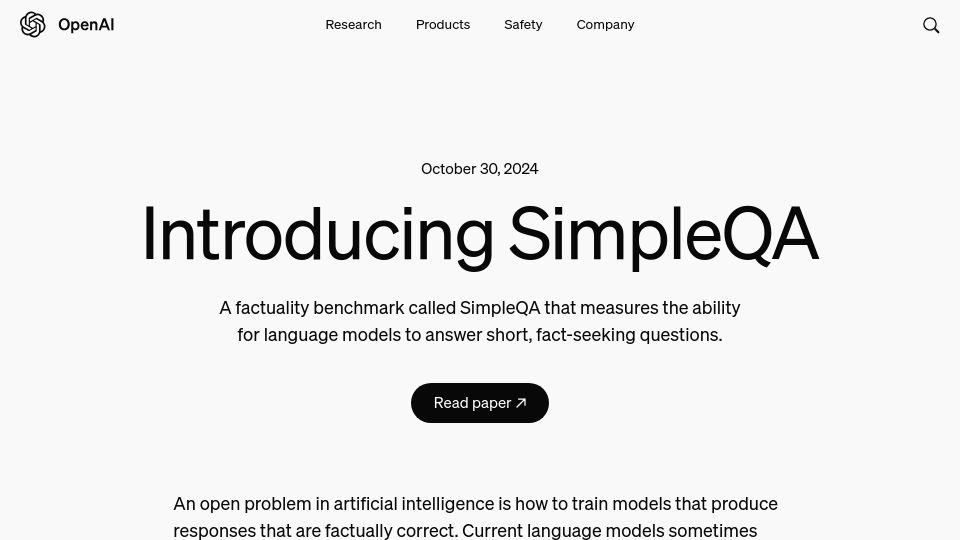 Screenshot of openai.com: SimpleQA