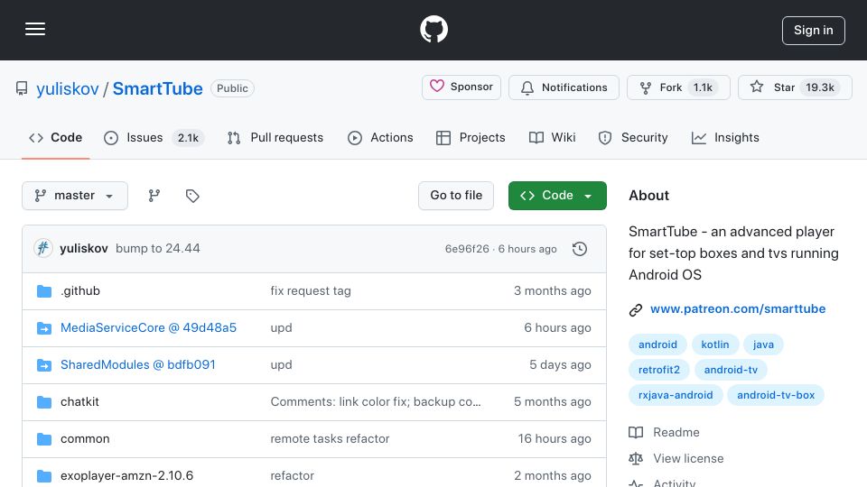Screenshot of github.com: SmartTube – an advanced player for set-top boxes and TVs running Android OS
