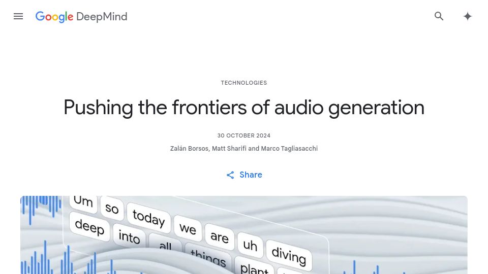 Screenshot of deepmind.google: Pushing the frontiers of audio generation