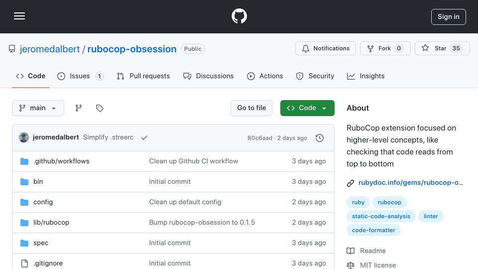 Screenshot of github.com: Rubocop-obsession: RuboCop extension focused on higher-level concepts