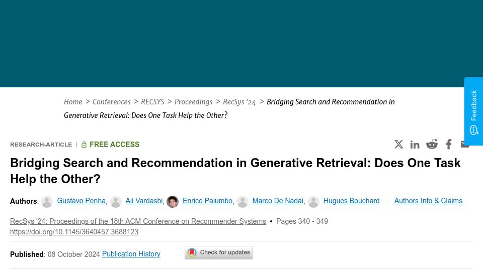 Screenshot of dl.acm.org: Bridging Search and Recommendation in Generative Retrieval