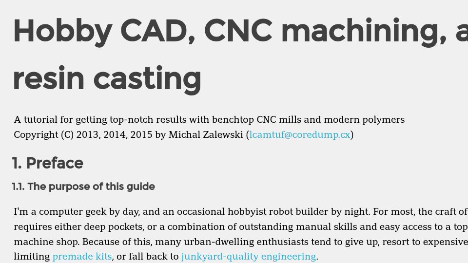 Screenshot of lcamtuf.coredump.cx: Hobby CAD, CNC machining, and resin casting (2015)