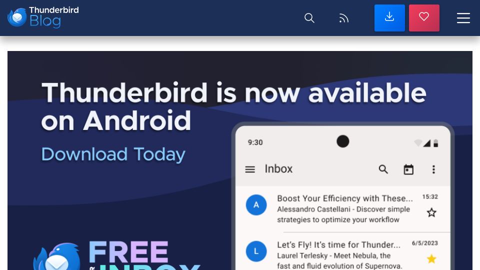Screenshot of blog.thunderbird.net: Thunderbird for Android Now Available