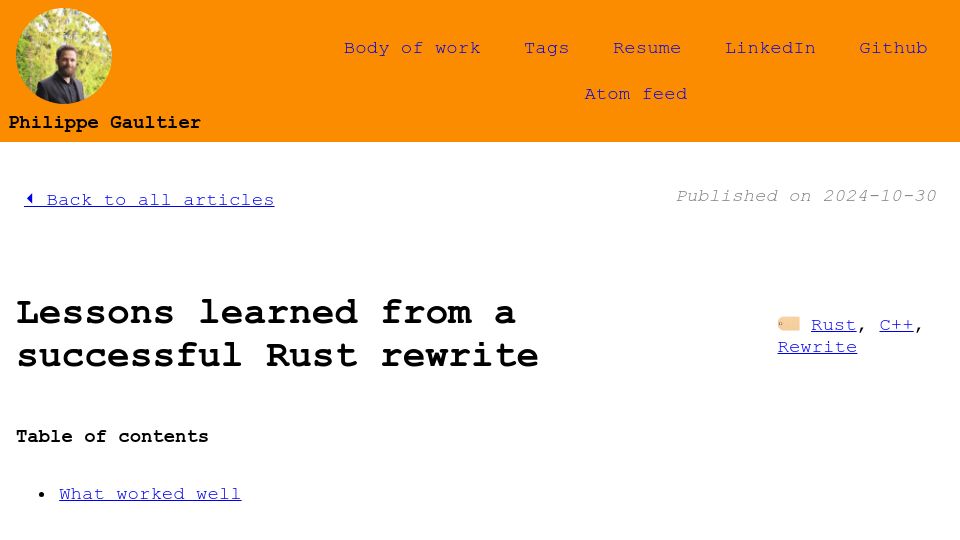 Screenshot of gaultier.github.io: Lessons learned from a successful Rust rewrite