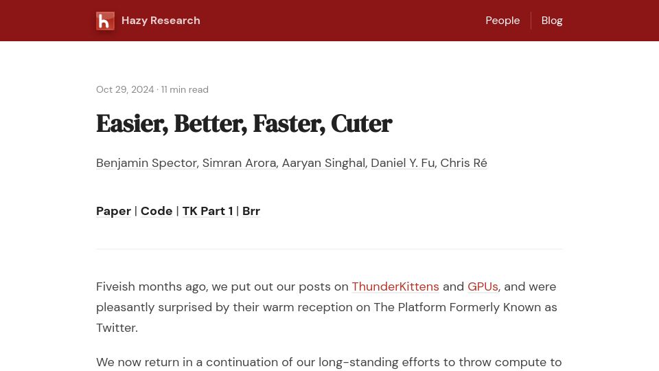 Screenshot of hazyresearch.stanford.edu: ThunderKittens: Simple, fast, and adorable AI kernels
