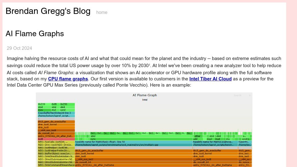 Screenshot of brendangregg.com: AI Flame Graphs