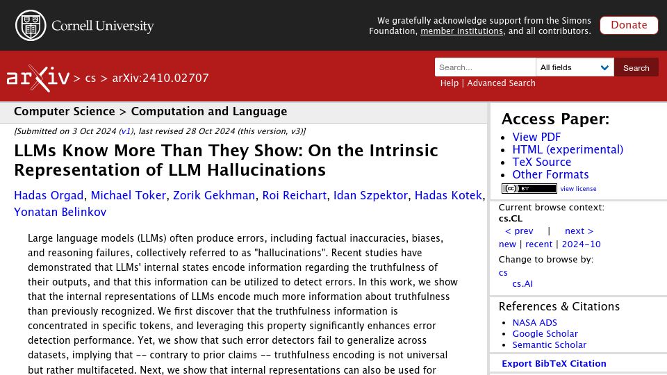 Screenshot of arxiv.org: LLMs know more than they show: On the intrinsic representation of hallucinations