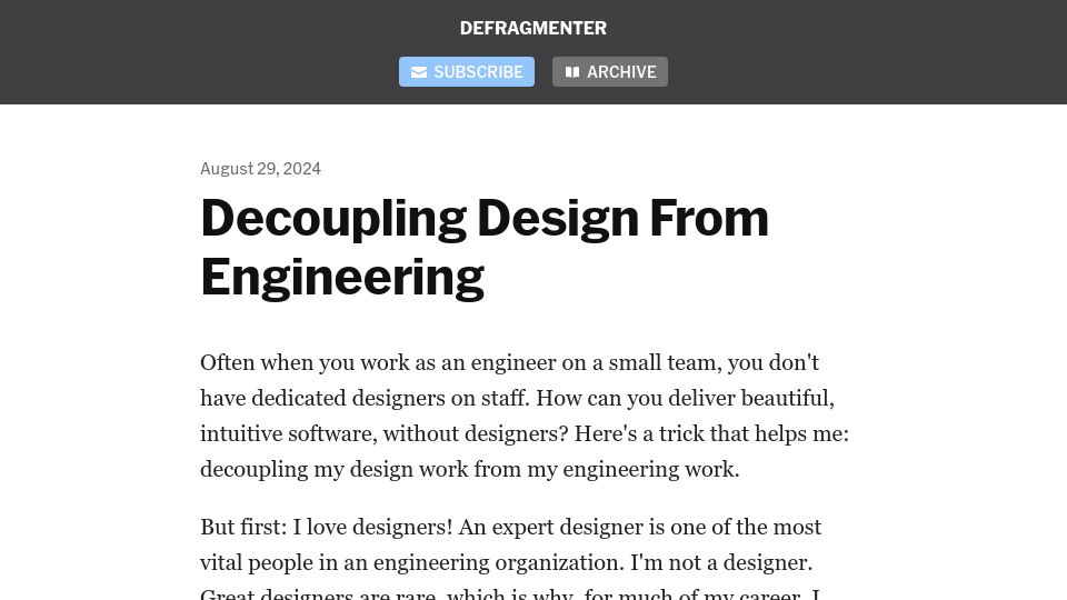 Screenshot of buttondown.com: Decoupling design from engineering