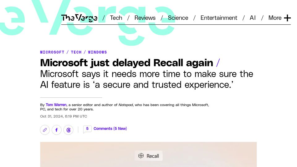 Screenshot of theverge.com: Microsoft just delayed Recall again