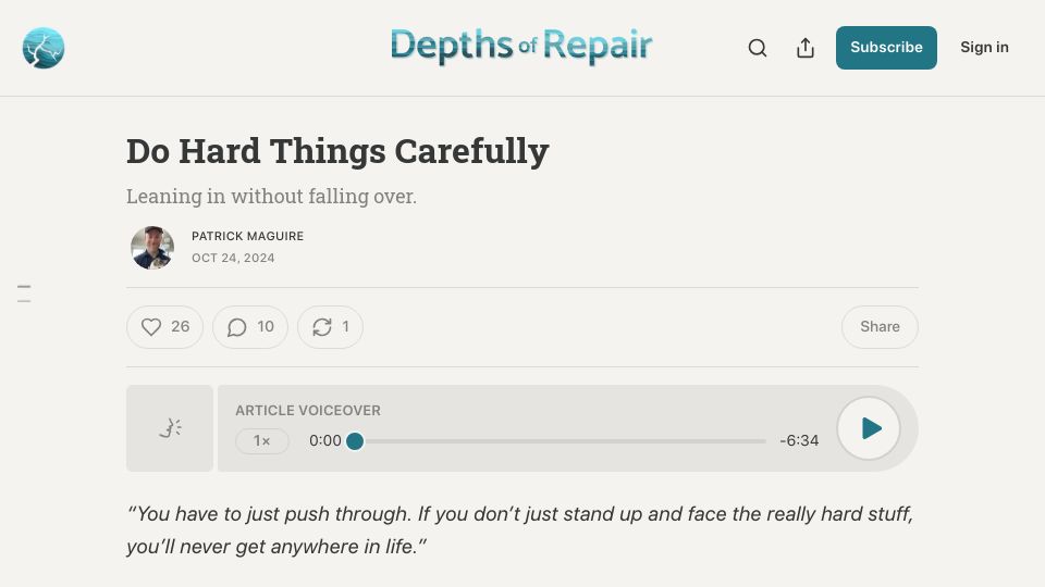 Screenshot of blog.depthsofrepair.com: Do hard things carefully