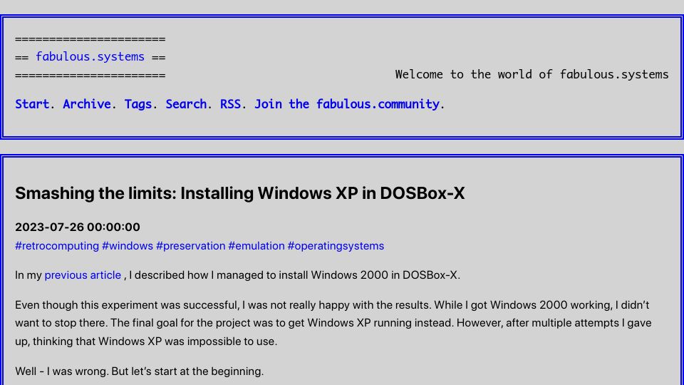 Screenshot of fabulous.systems: Smashing the Limits: Installing Windows XP in DOSBox-X (2023)