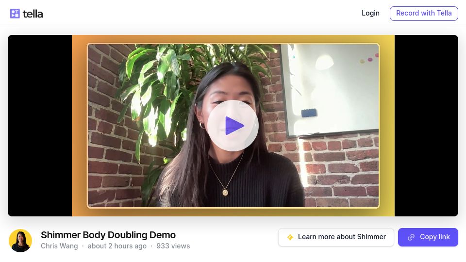 Screenshot of tella.tv: Show HN: Shimmer – ADHD-adapted body doubling