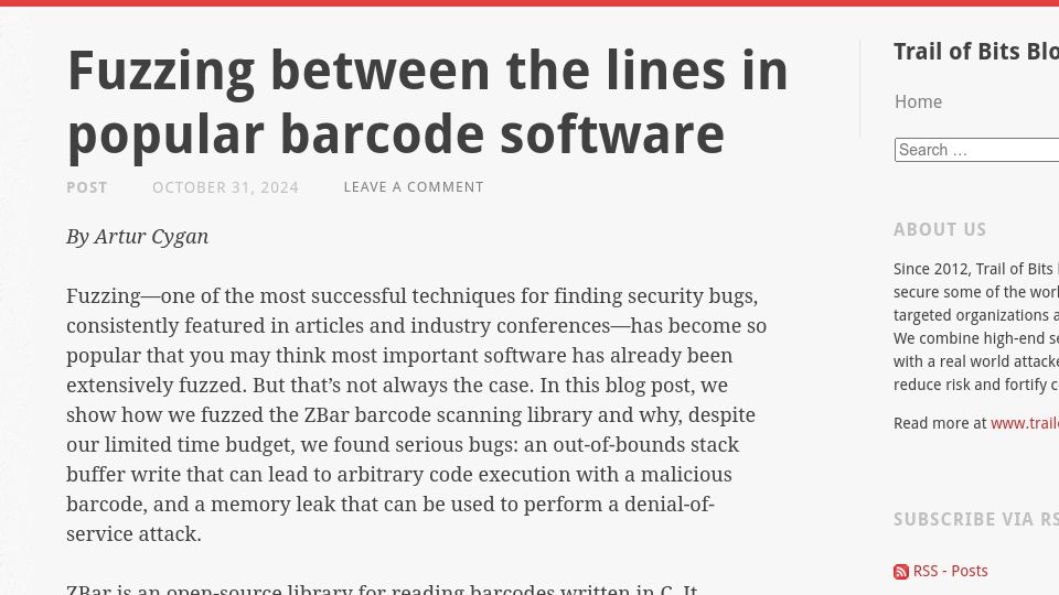Screenshot of blog.trailofbits.com: Fuzzing between the lines in popular barcode software