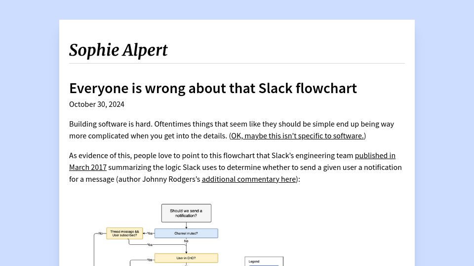 Screenshot of sophiebits.com: Everyone is wrong about that Slack flowchart