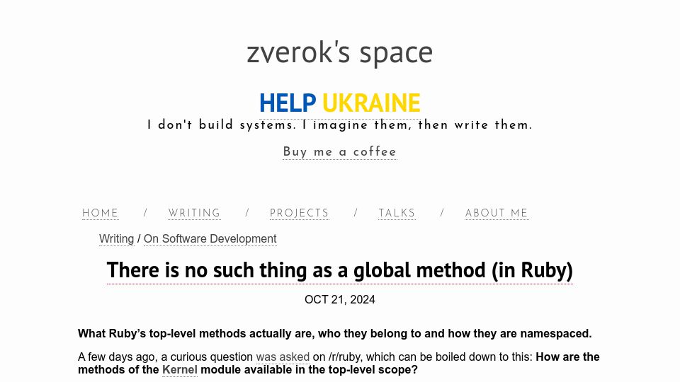 Screenshot of zverok.space: There is no such thing as a global method in Ruby