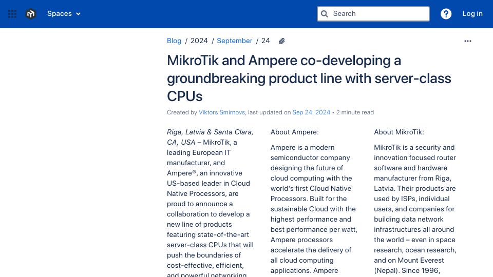 Screenshot of help.mikrotik.com: MikroTik and Ampere co-developing a product line with server-class CPUs
