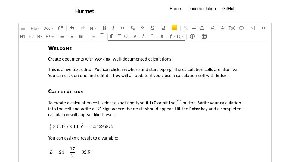 Screenshot of hurmet.org: Hurmet: A Notebook for Calculations