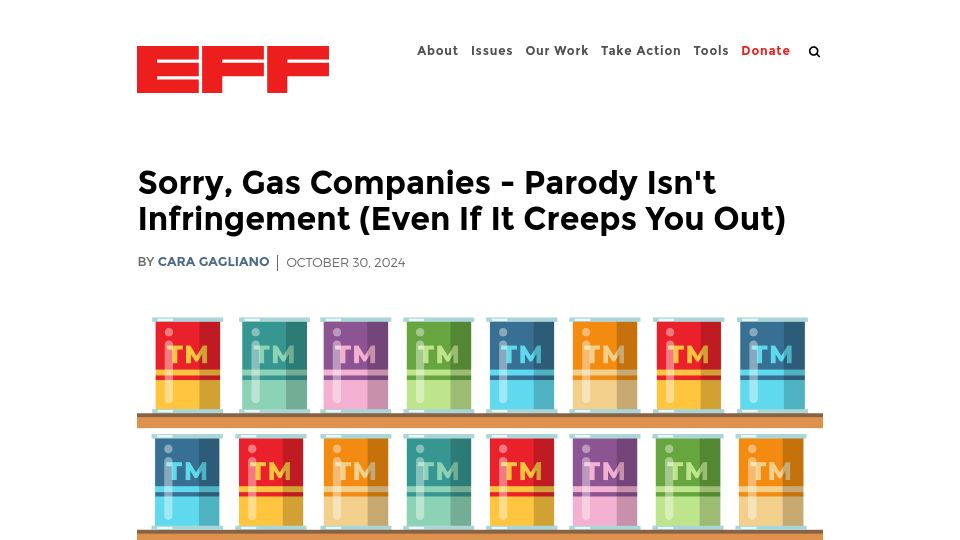 Screenshot of eff.org: Sorry, Gas Companies – Parody Isn't Infringement (Even If It Creeps You Out)
