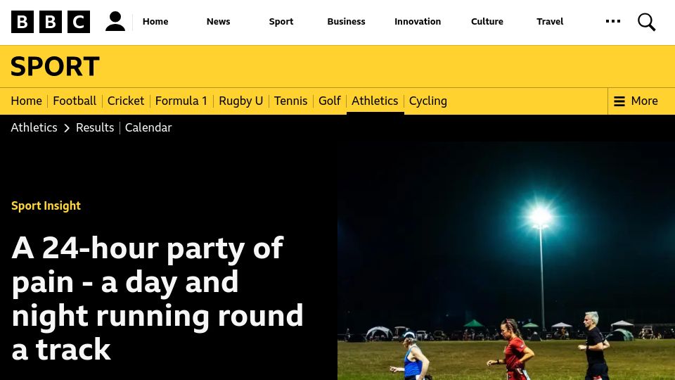 Screenshot of bbc.co.uk: A day and night running round a track