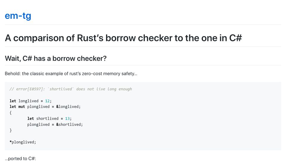 Screenshot of em-tg.github.io: A comparison of Rust’s borrow checker to the one in C#