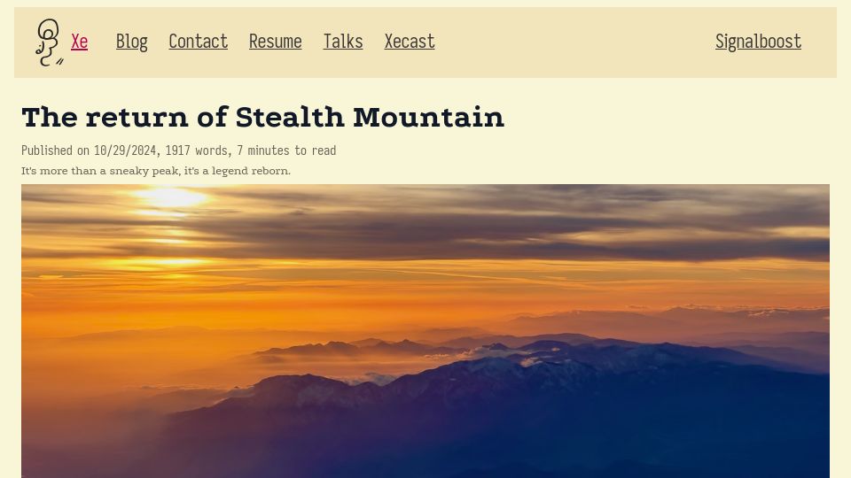 Screenshot of xeiaso.net: The Return of Stealth Mountain