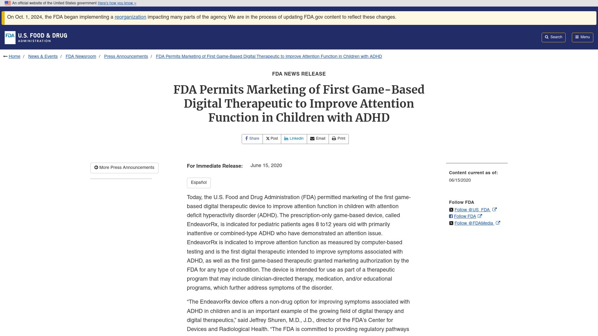 Screenshot of fda.gov: FDA Permits Marketing of Digital Game to Improve Attention in ADHD Children (2020)