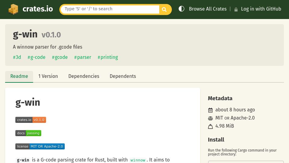 Screenshot of crates.io: Show HN: G-win – .gcode parser written in Rust with winnow