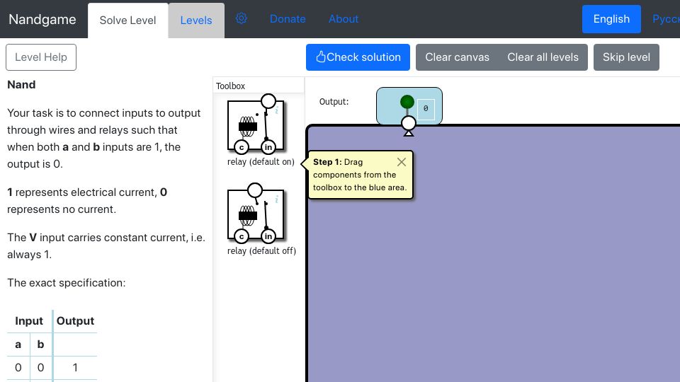 Screenshot of nandgame.com: NandGame – Build a computer from scratch