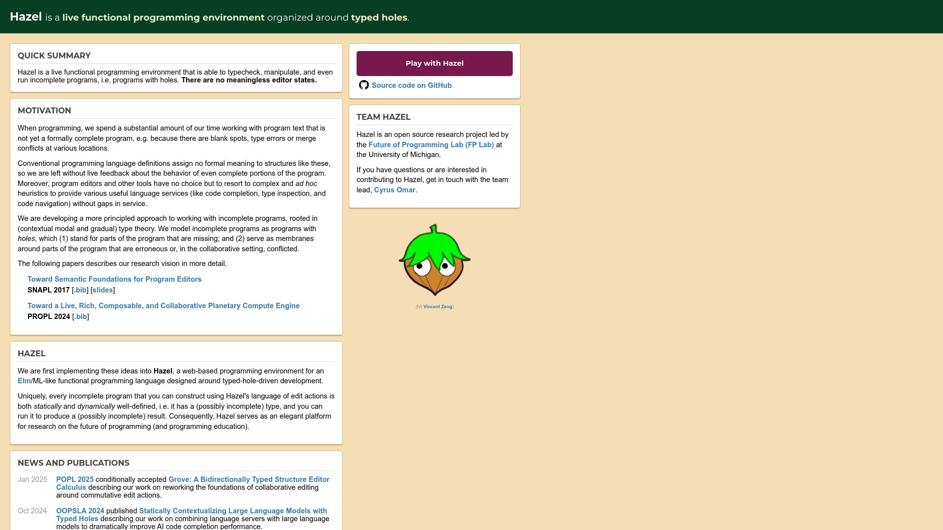 Screenshot of hazel.org: Hazel: A live functional programming environment featuring typed holes