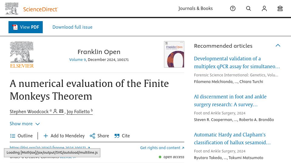 Screenshot of sciencedirect.com: A numerical evaluation of the Finite Monkeys Theorem