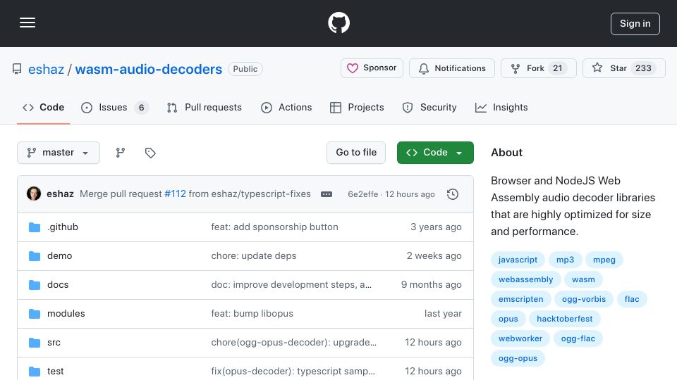 Screenshot of github.com: Web Assembly audio decoders highly optimized for size and performance
