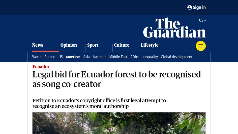 Screenshot of theguardian.com: Legal bid for Ecuador forest to be recognised as song co-creator