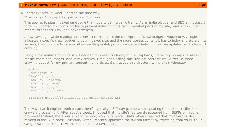 Screenshot of Hacker News post: Tell HN: Robots.txt pitfalls – what I learned the hard way